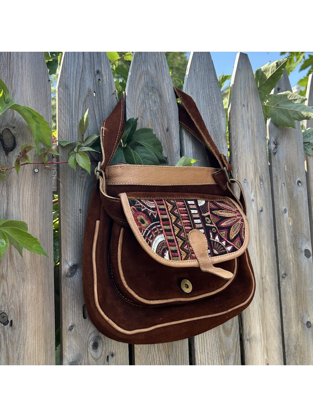 VINTAGE Brown Suede Leather Crossbody Embroidery Brown Women Flap Bag